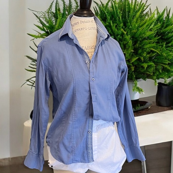 Franky Max cotton button down shirt. Baby blue with white stitching accent - Picture 3 of 16